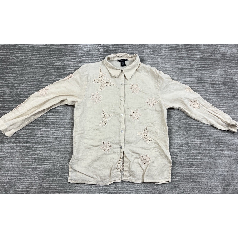 Silkland Top Womens Large Beige Long Sleeve Button Up Ramie Floral